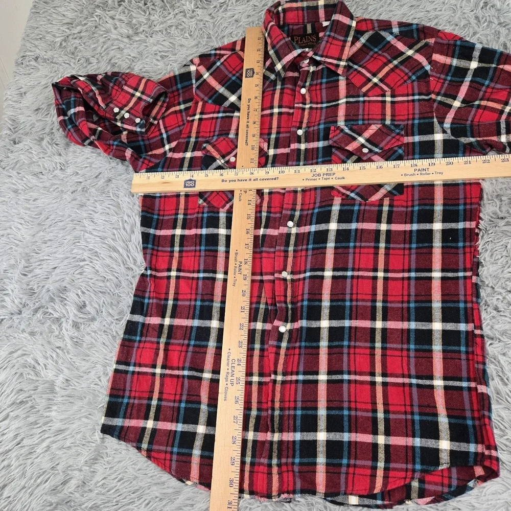 Plains Mens Medium Red Plaid Pearl Snap Long‎ Sleeve Flannel Western Shirt